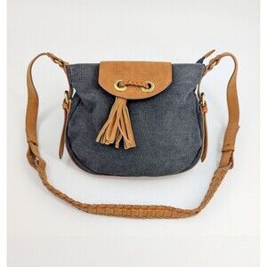 Nila Anthony Shoulder Bag Gray Canvas Vegan Leather Tassels Boho Chic Festival